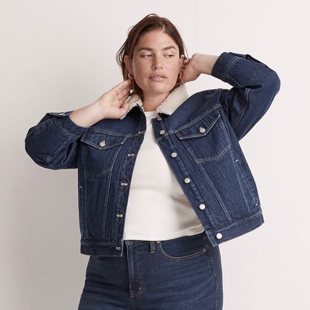 MADEWELL Blue Oversized Trucker Jean Denim Jacket Sherpa Lined Cropped XL NWT - Picture 2 of 15